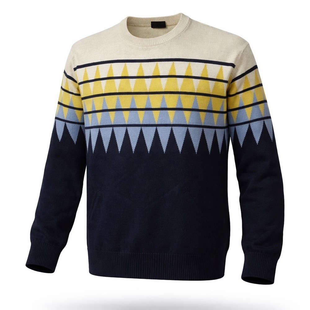 HEAD Geometric Wool Blend Sweater Retro Knit Pullover Navy Yellow Blue Large